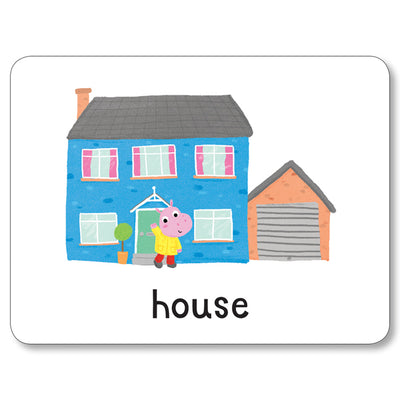 A flashcard from Miles Kelly's Lots to Spot Flashcards At Home! set. The flashcard is white and features an illustration of a blue house and garage alongside the word "house".