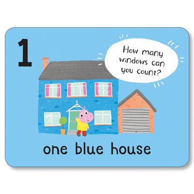 A flashcard from Miles Kelly's Lots to Spot Flashcards At Home! set. The flashcard is blue and features the number "1" and illustrations of "one blue house". There is spotting activity for kids.