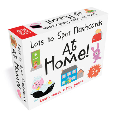 A packshot image of Miles Kelly's Lots to Spot Flashcards At Home! set. The box is white with illustrations of objects around the home.  