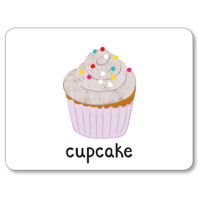 An image of a flashcard from Miles Kelly's Lots to Spot Flashcards My Food! set. The flashcard is white and features an illustration of a cupcake with grey icing and sprinkles, alongside the word "cupcake".