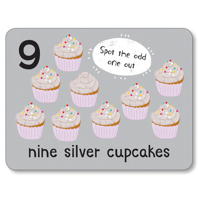 An image of a flashcard from Miles Kelly's Lots to Spot Flashcards My Food! set. The flashcard is grey and features the number "9" and illustrations of "nine silver cupcakes". There is a spotting activity for children to enjoy. 