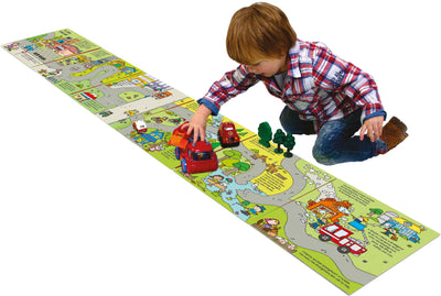 A young child plays with his emergency vehicles on Convertible Fire Engine playmat. The book folds out into a long plymat with a storybook trail that children can follow with their own toys. The story is about a fire engine and its rescue missions.