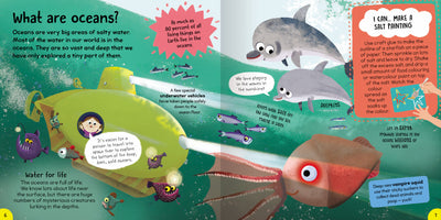 'What are oceans?' spread from First Ocean Book by Miles Kelly, showing dolphins, a vampire squid and a submarine. The spread explains why oceans are so special.