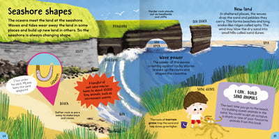 'Seashore Shapes' spread from First Ocean Book by Miles Kelly, showing what happens where the land meets the sea. The illustrations show the beach, bay, cliff and spit, and other seashore features.