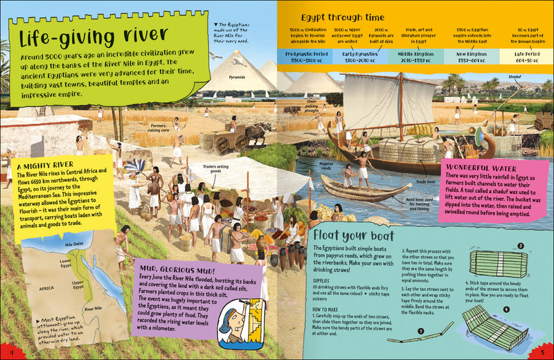 Project Ancient Egypt book by Miles Kelly. Inside spreads about the River Nile, with a main illustration and fact panels.