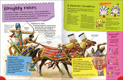 Project Ancient Egypt book by Miles Kelly. Inside spread showing a warrior pharaoh in a war chariot.