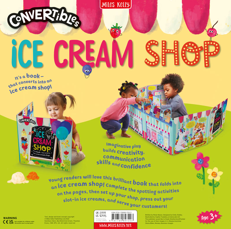 An info sheet for Convertible Ice Cream Shop by Miles Kelly. It shows a girl reading the book, and two children playing shops with the slot together ice cream pieces.