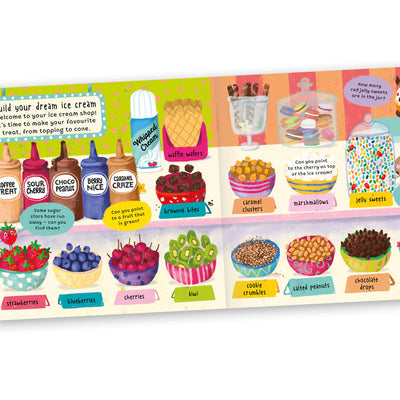 The inside of Convertible Ice Cream Shop by Miles Kelly shows a pretend shop layout with bowls of toppings such as fruit and sprinkles.