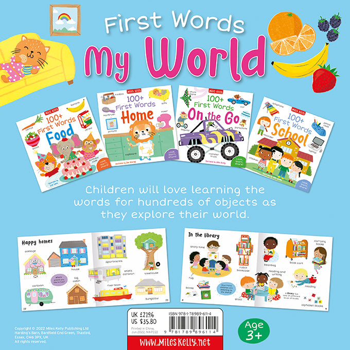 The image shows the backing sheet for First Words My World – a set of 4 First Word+ books. The titles include Food, Home, On the Go and School. We see some illustrations from the books - a cat on a sofa and some fruit. We see each book&