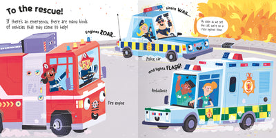 Image of a double-page spread from Miles Kelly's Mighty Machines: Rescue book showing illustrations of different emergency vehicles including a fire engine and an ambulance
