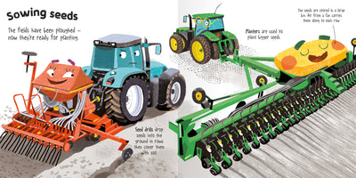Image of a double-page spread from Miles Kelly's Mighty Machines: Trucks book showing illustrations of planers and seed drills sowing seeds in a field