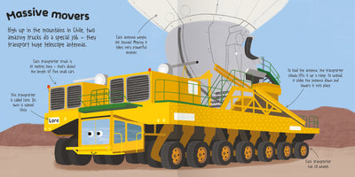 Image shows a double-page spread from Miles Kelly's Mighty Machines: Trucks book, showing an illustration of a big antenna transporter