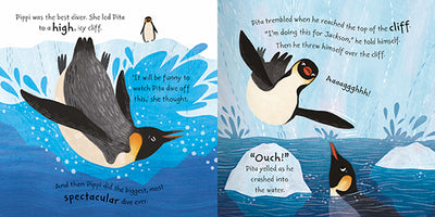 The image shows two inside pages from the picture storybook, Pippi the Penguin. The left-hand page shows Pippi diving into the water and a big water splash. The right-hand page shows Pippi's friend Pita also diving but much less gracefully!
