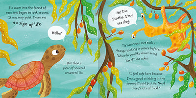 The image shows two facing pages from inside the picture storybook, Tia the Turtle. The full colour illustration shows Tia the turtle in a seaweed forest talking to an orange sea slug with big eyes.